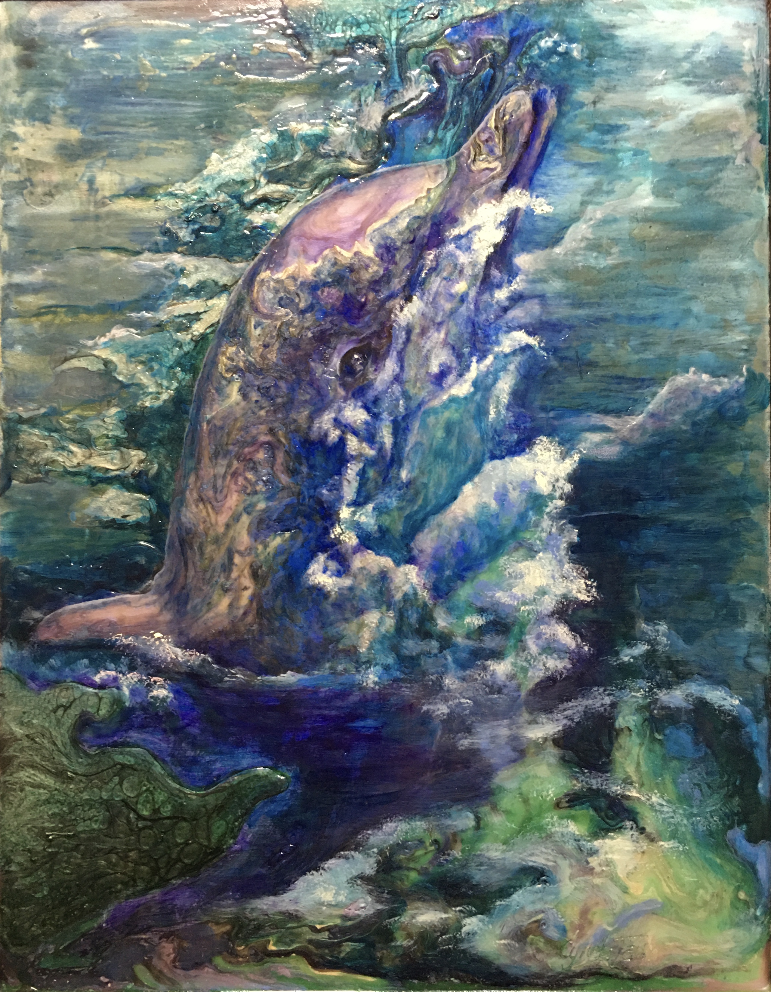Breaching whale in dynamic blue and purple ocean waters with white foam