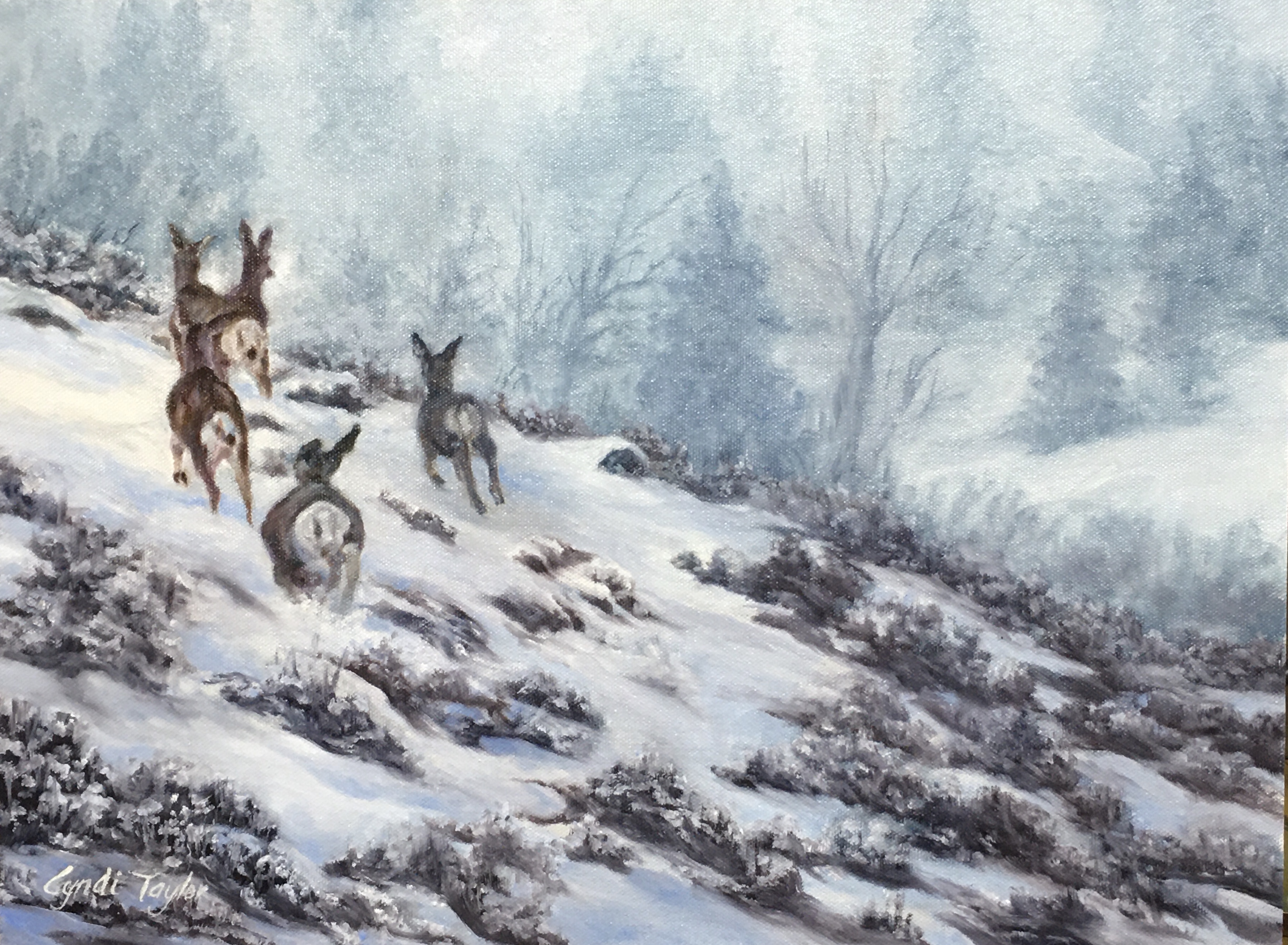 Winter landscape with deer walking through snow among evergreen trees
