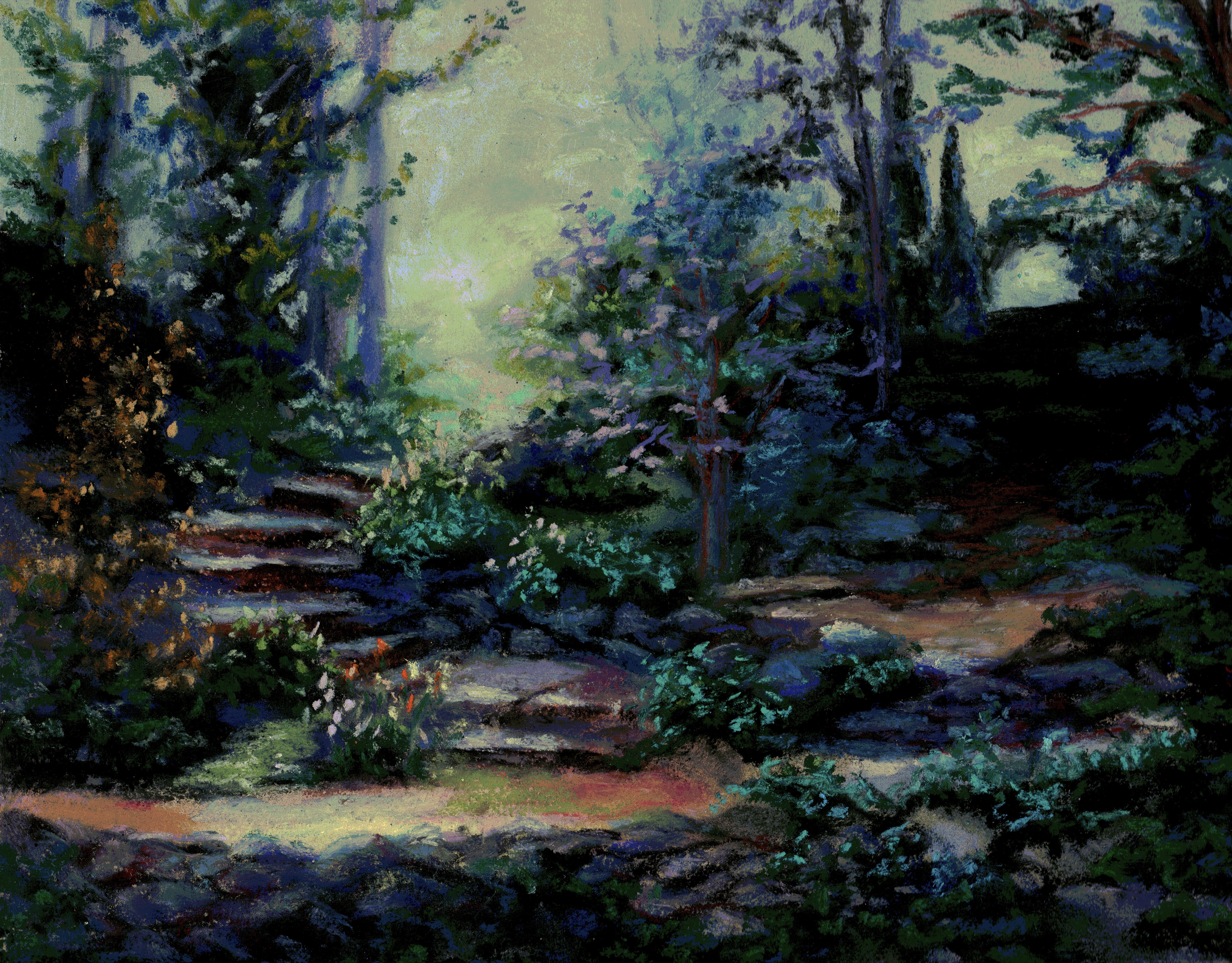 Garden steps winding through lush foliage with dappled sunlight