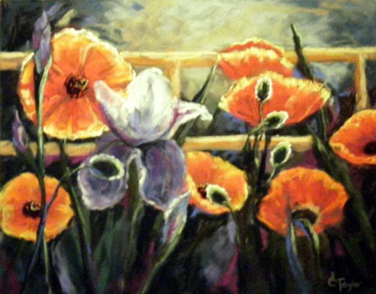 Orange poppies and white tulips in soft pastel with golden fence background